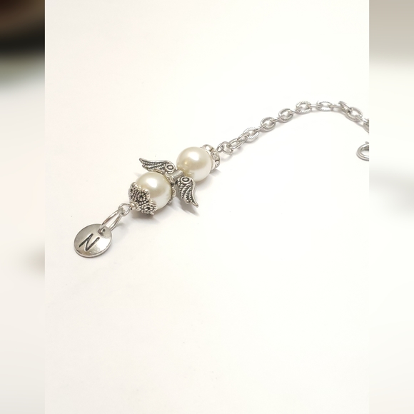 Handmade Pearl Beaded Guardian Angel & Intial Letter Rear View Mirror Charm Car - Picture 3 of 8